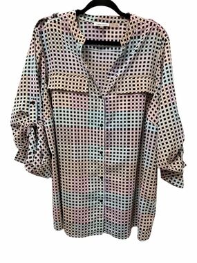 Calvin Klein 1X Blouse Sheer Grid Print Roll Tab Sleeve Button Front